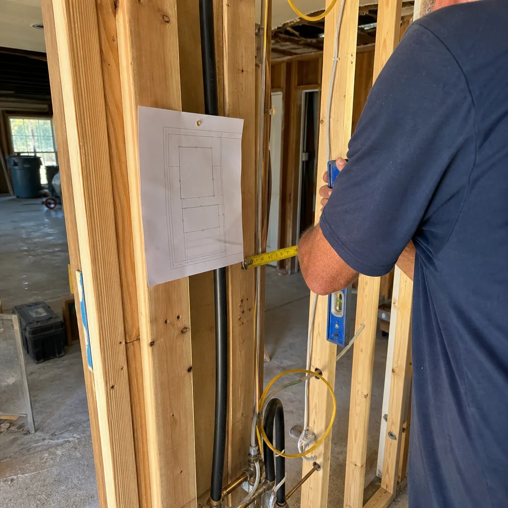 General contractor measuring and leveling wall framing for a home renovation.