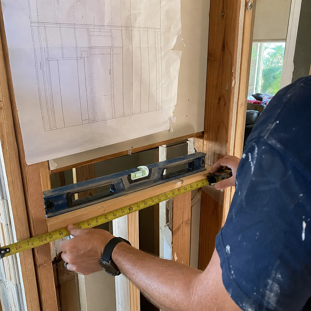 professional contractor measuring and leveling wood beam for residential framing project