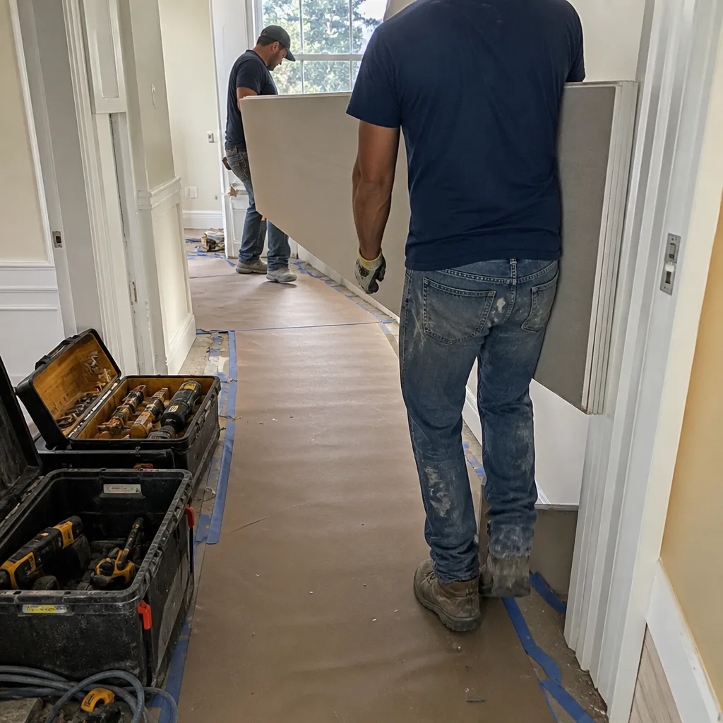 General contractor moving drywall panels in a residential construction project