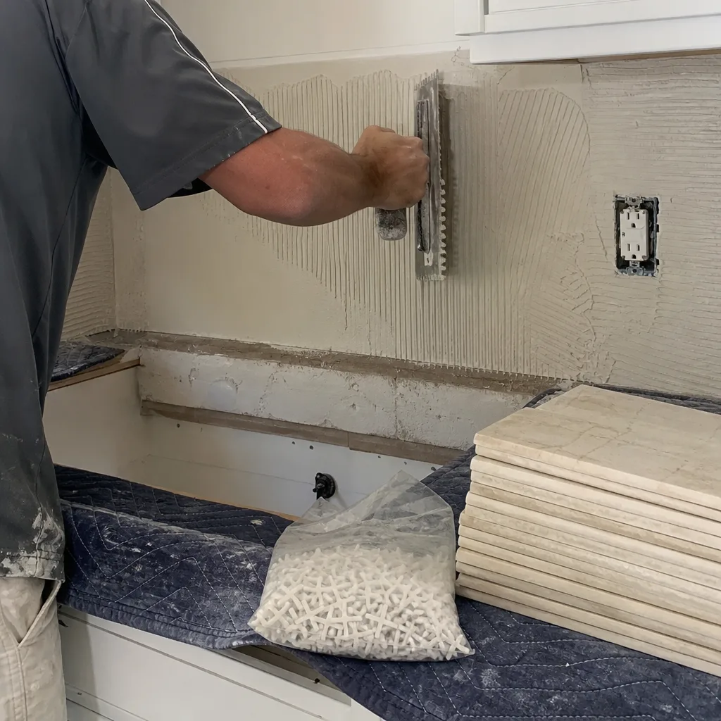 Contractor applying mortar for kitchen backsplash installation