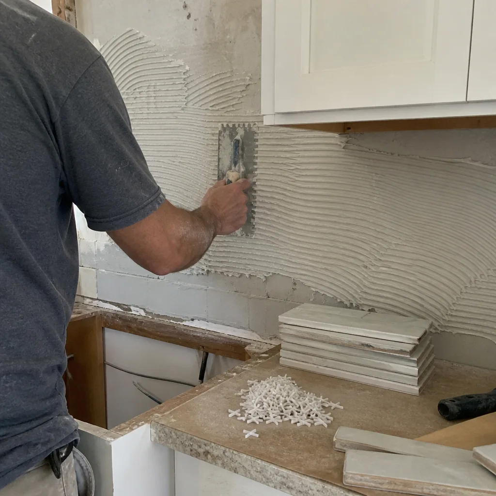 Contractor applying thin-set mortar to wall for professional kitchen backsplash installation