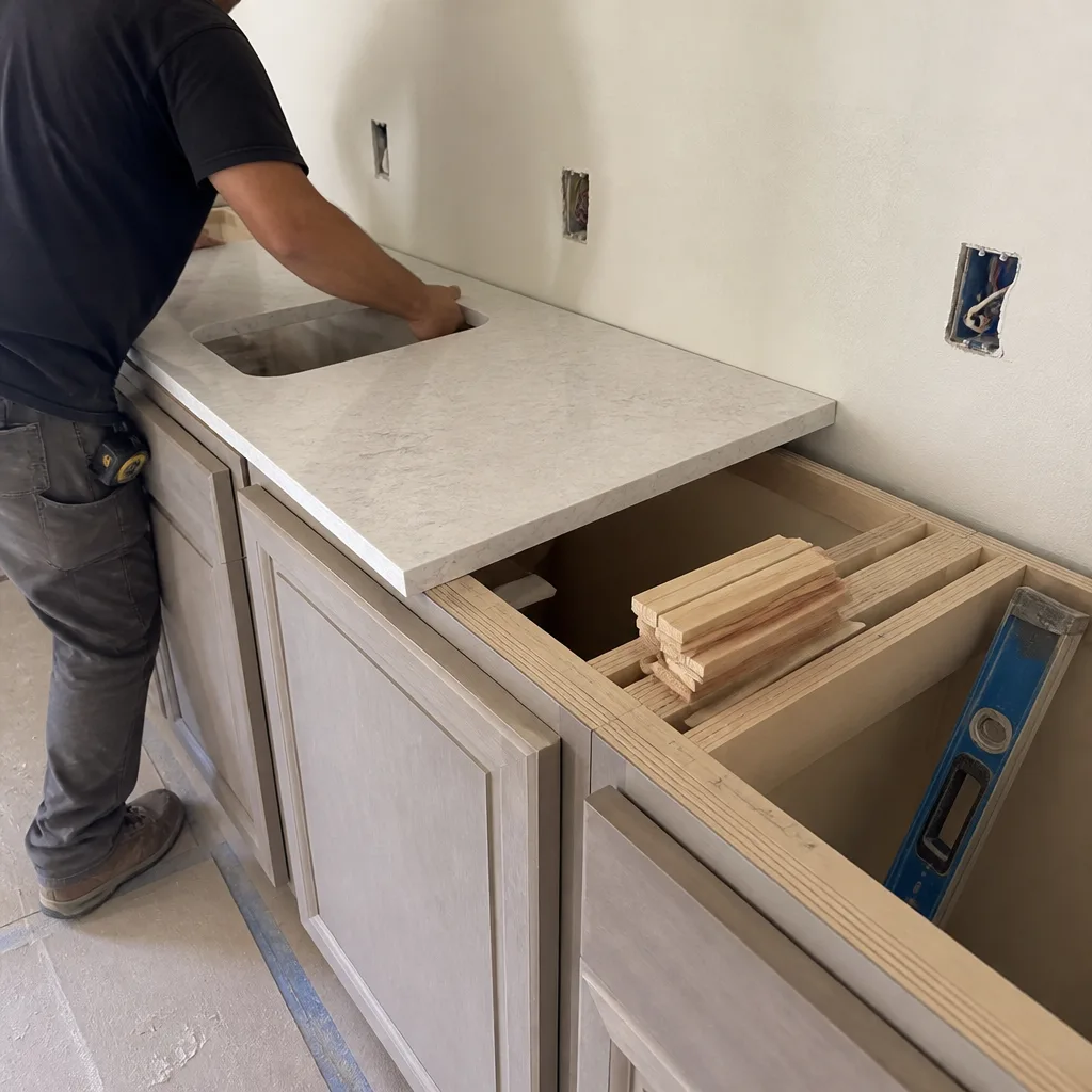 Professional contractor installing a new stone kitchen countertop during home remodeling